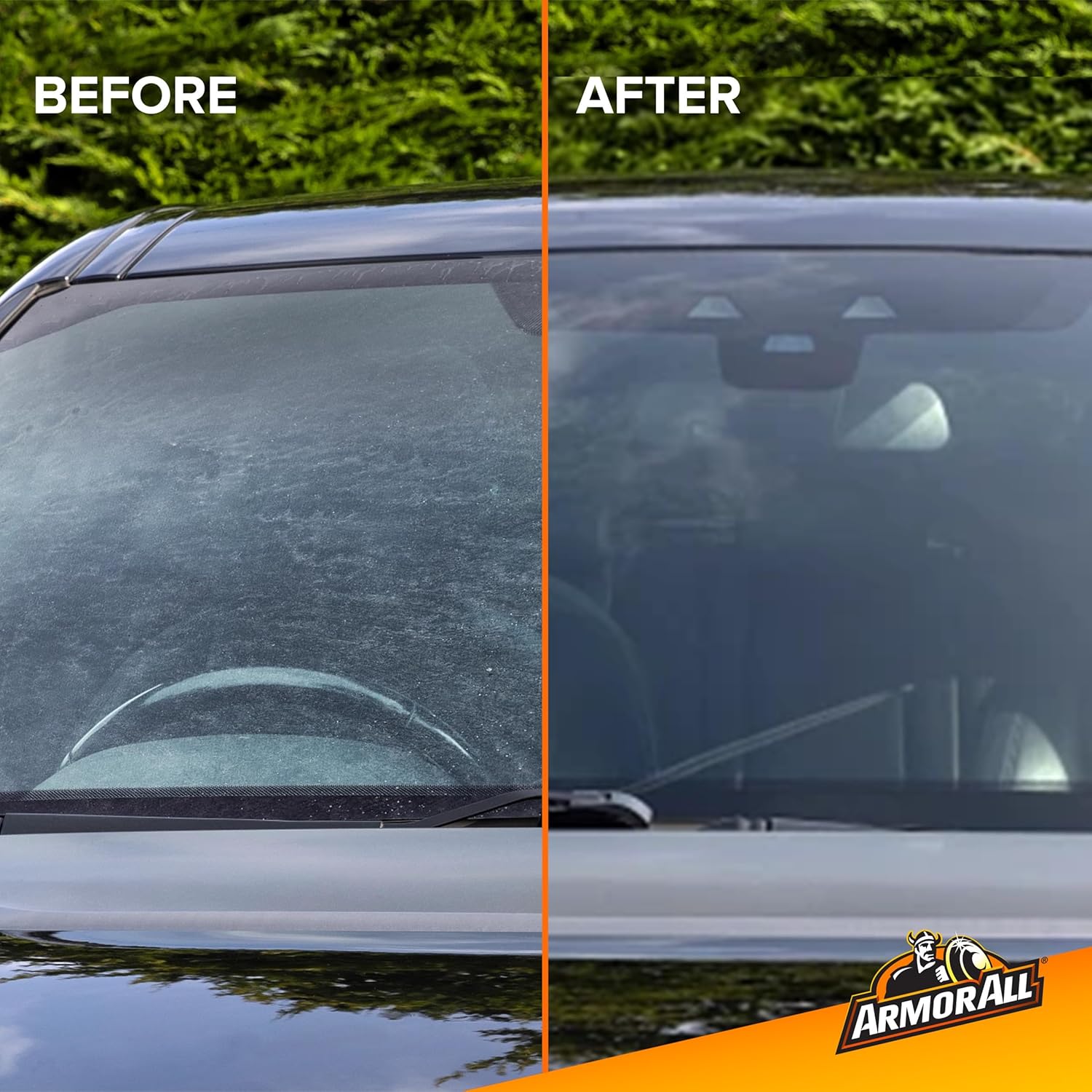 Demonstrates the product's effectiveness in cleaning and improving visibility of a car windshield.