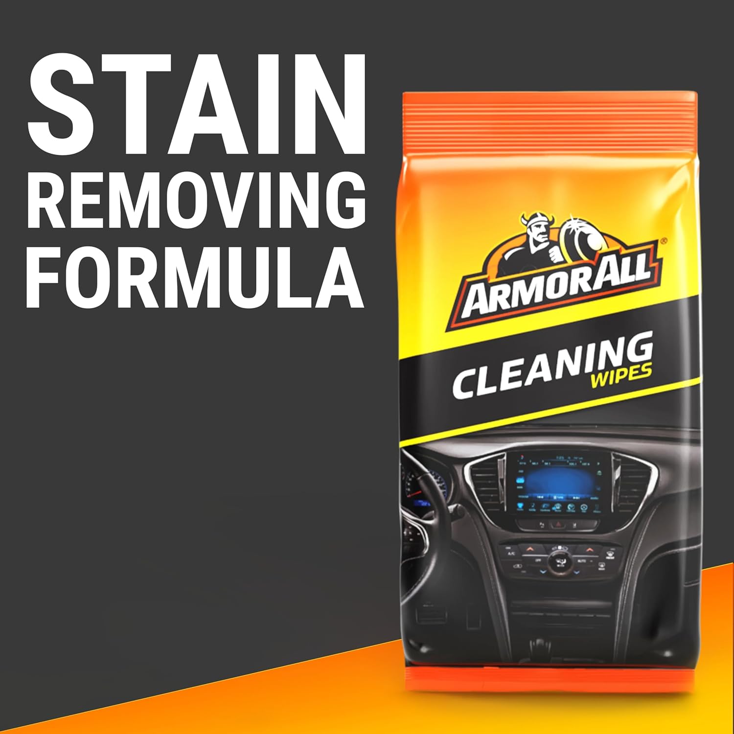 Highlights the product's stain-removing capability for car interiors, emphasizing its effectiveness in cleaning.