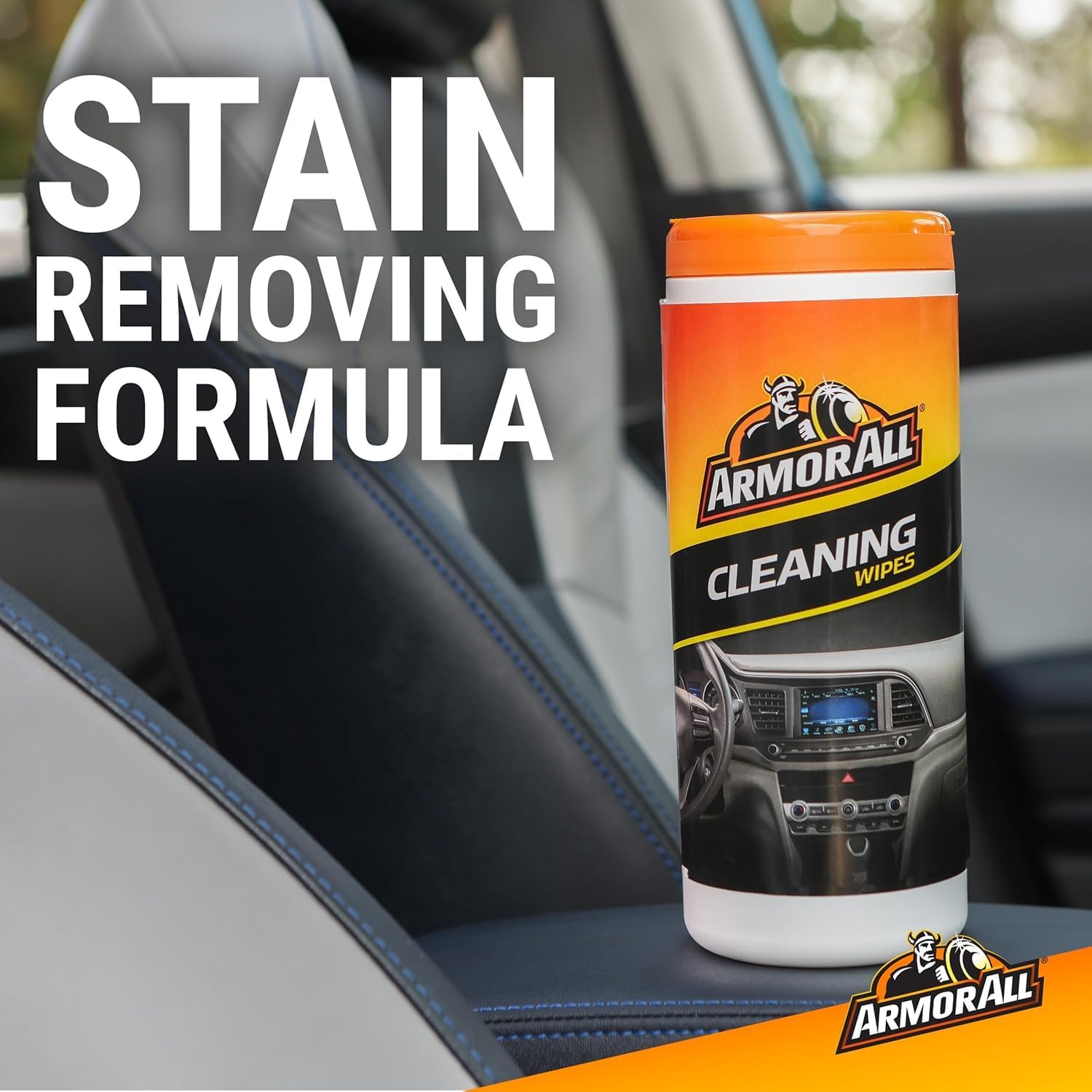 Highlights the product's ability to remove stains from car interiors, emphasizing its effectiveness for cleaning.