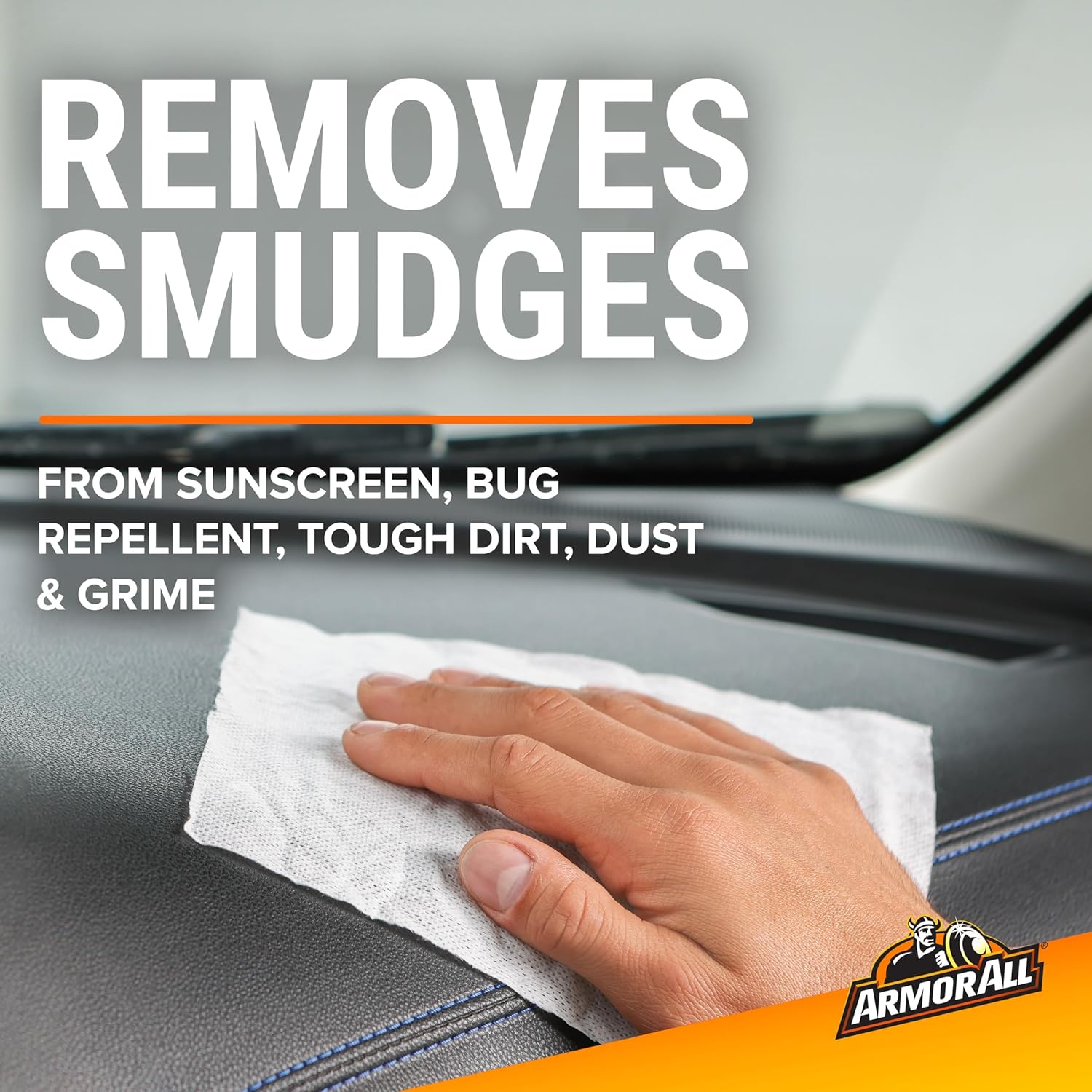 Highlights the product's ability to remove various types of smudges and dirt from car interiors, emphasizing its effectiveness on tough stains.