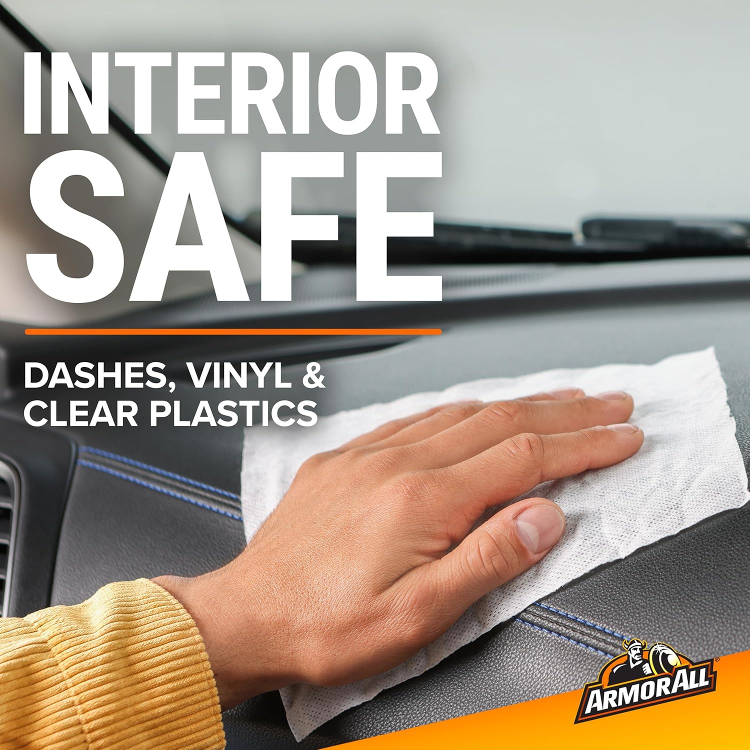 Highlights that the product is safe for cleaning car interiors, specifically mentioning dashes, vinyl, and clear plastics.