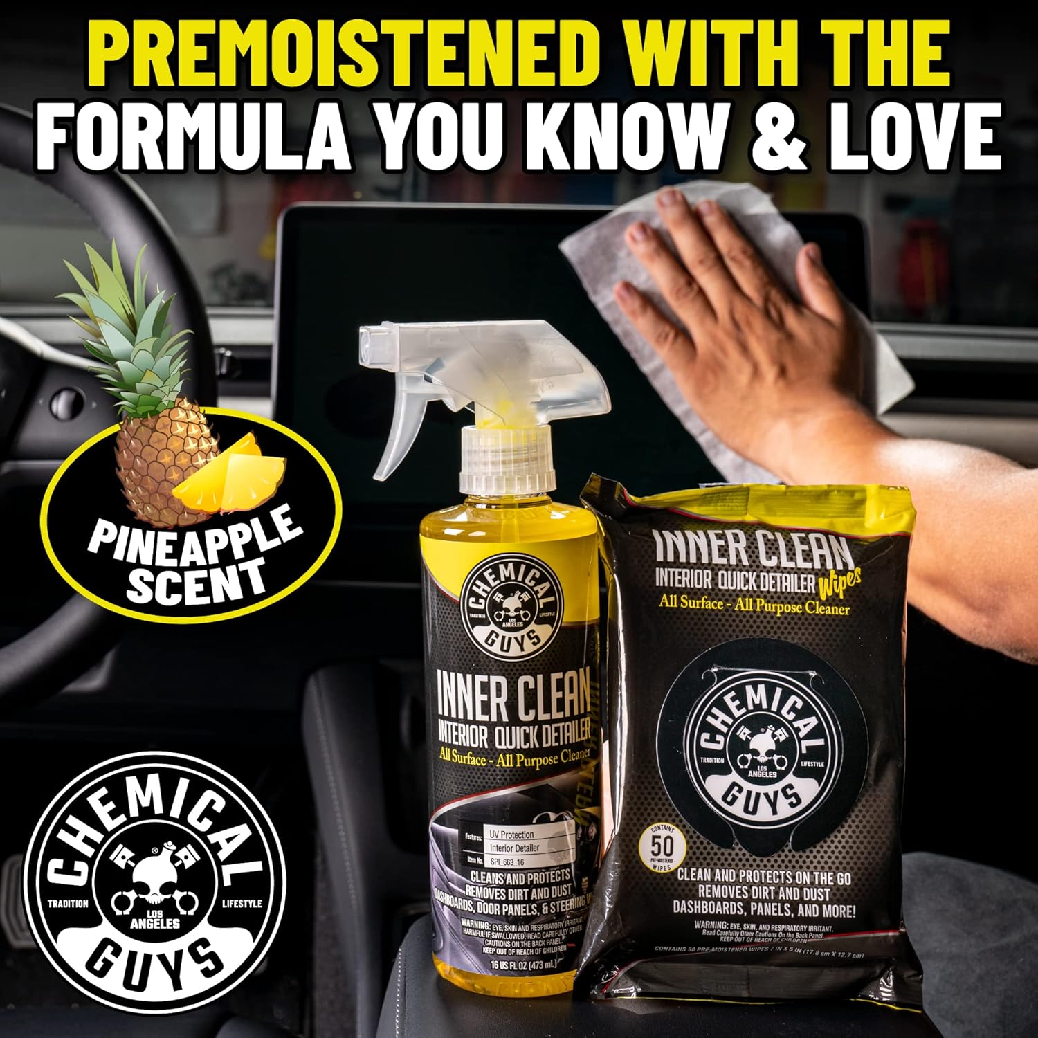 Highlights multiple benefits of the product including its premoistened formula, pineapple scent, and versatility as an all-purpose interior cleaner.