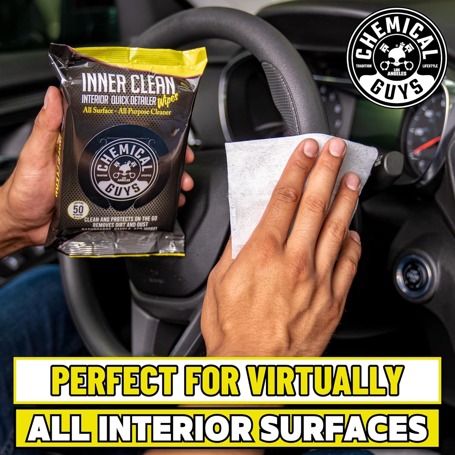 Demonstrates the product's versatility in cleaning various interior car surfaces, emphasizing its all-purpose nature. Highlights the product's ability to clean all interior surfaces of a car,…
