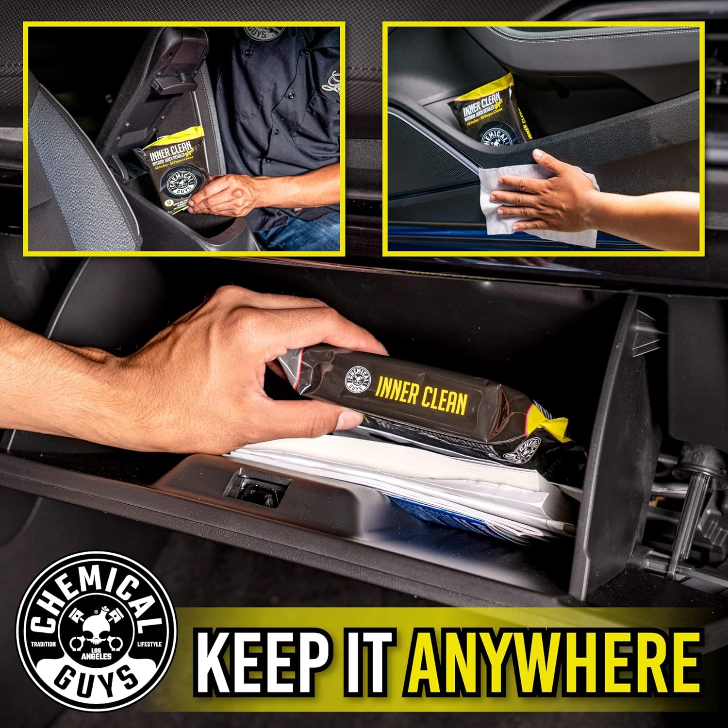 Demonstrates various places in a car where the product can be conveniently stored and accessed, highlighting its versatility and ease of use.