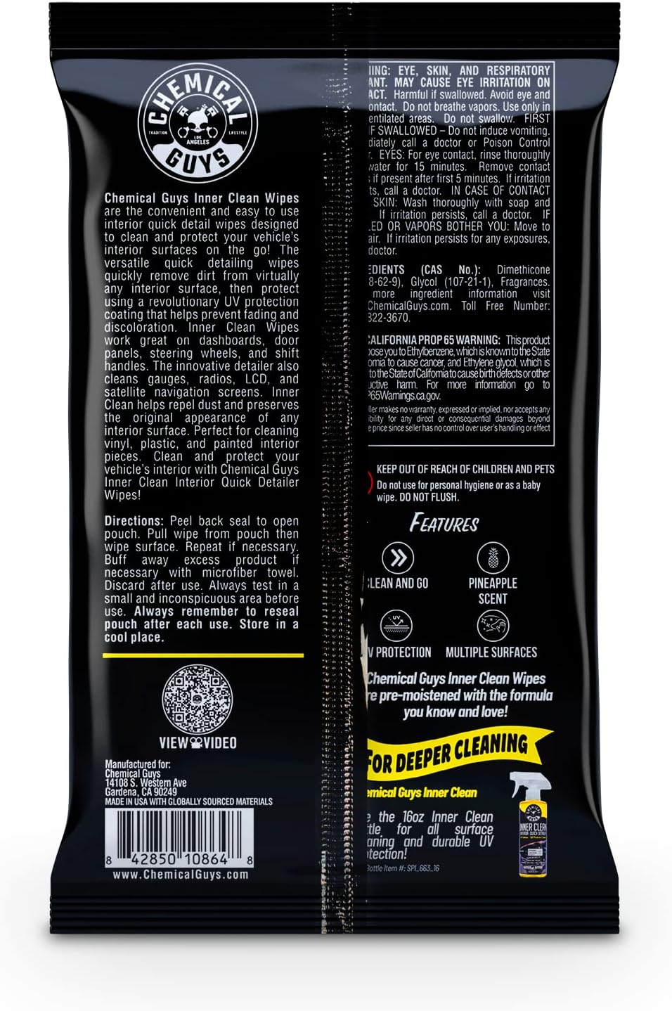 Highlights multiple benefits of the product including UV protection, versatility for cleaning various surfaces, pleasant scent, and convenience of use.
