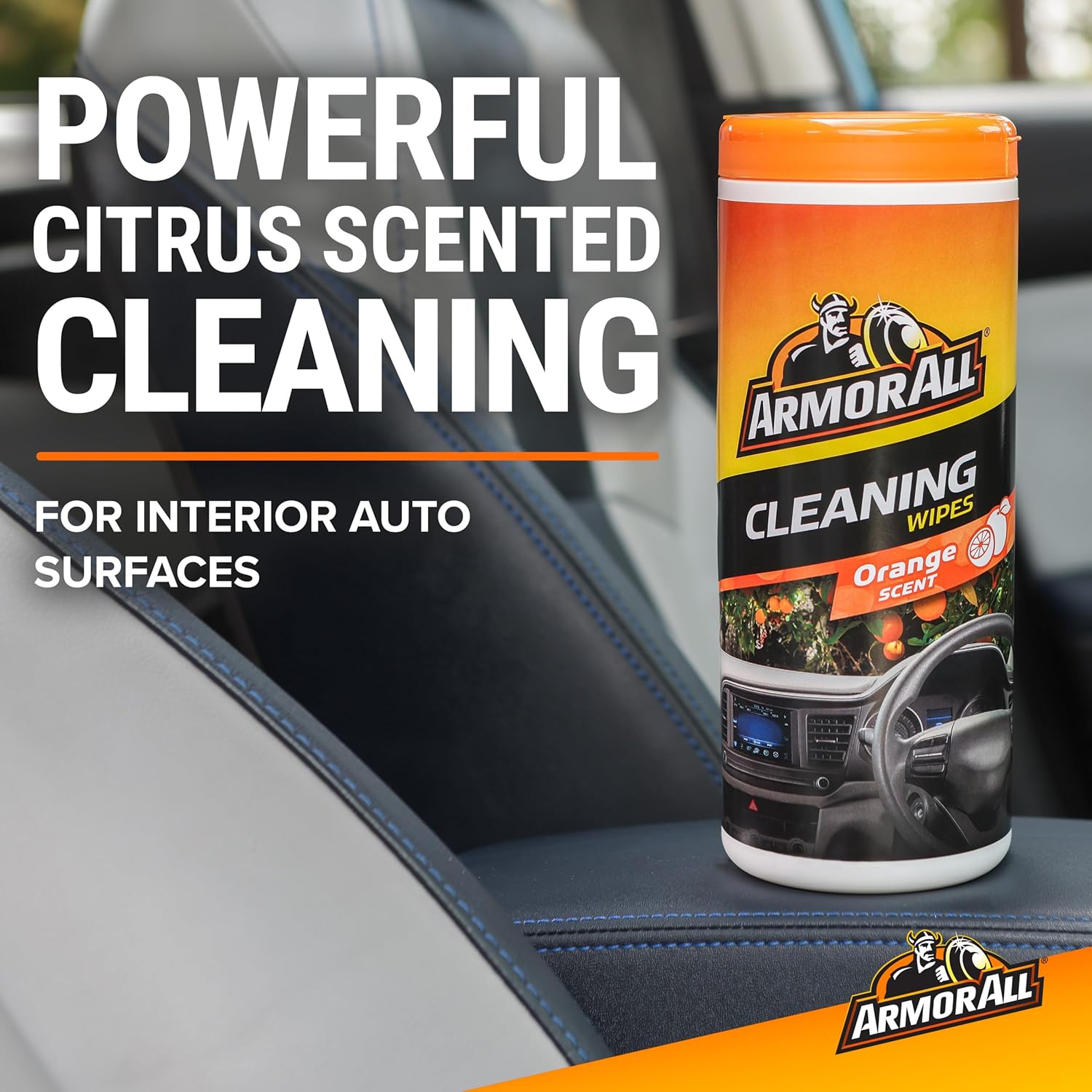 Highlights the product's powerful citrus scent for cleaning interior auto surfaces, emphasizing its effectiveness and pleasant aroma.