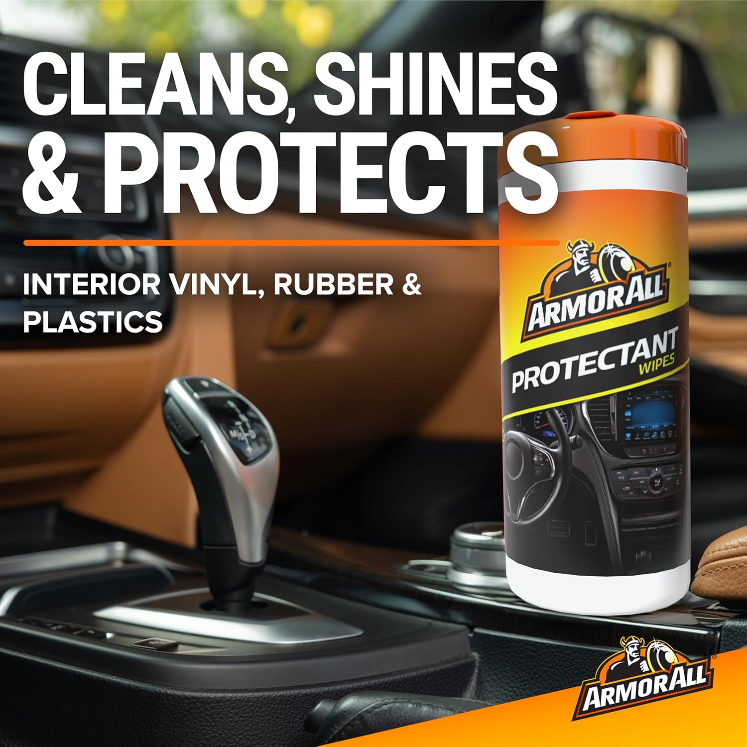 Highlights the product's multiple benefits for car interiors, emphasizing its ability to clean, shine, and protect various surfaces.