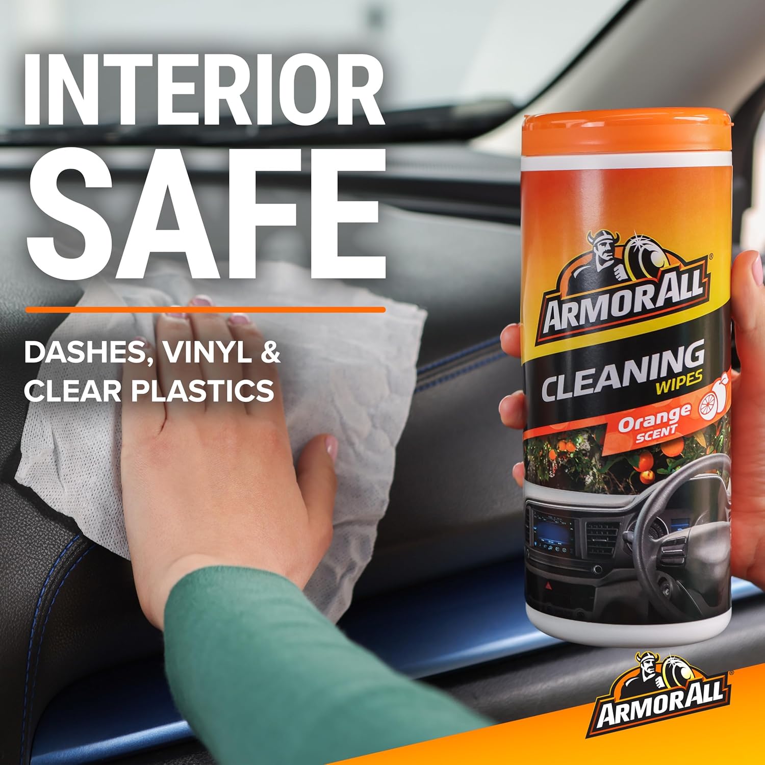 Highlights that the product is safe for use on car interior surfaces like dashes, vinyl, and clear plastics.
