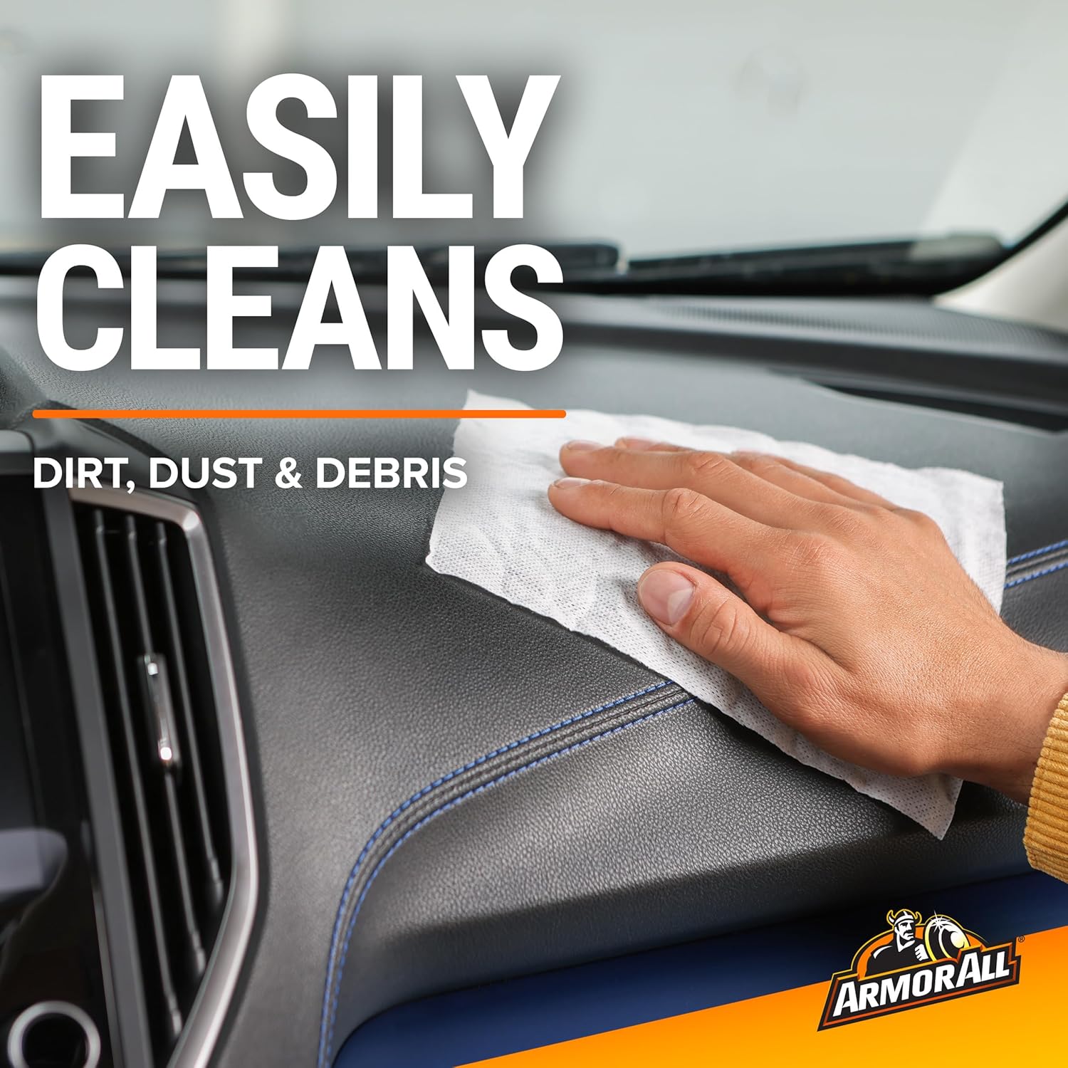 Highlights the product's ability to easily clean dirt, dust, and debris from car interiors, emphasizing its effectiveness and convenience.