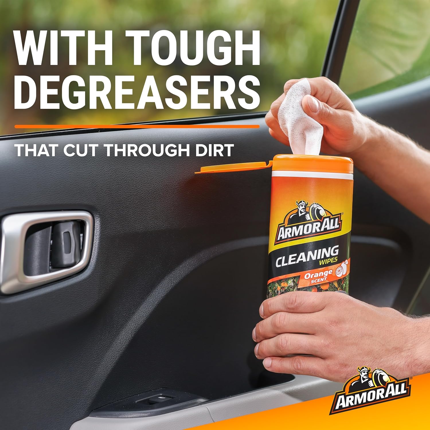 Highlights the product's powerful cleaning ability to cut through dirt and grime in vehicles.