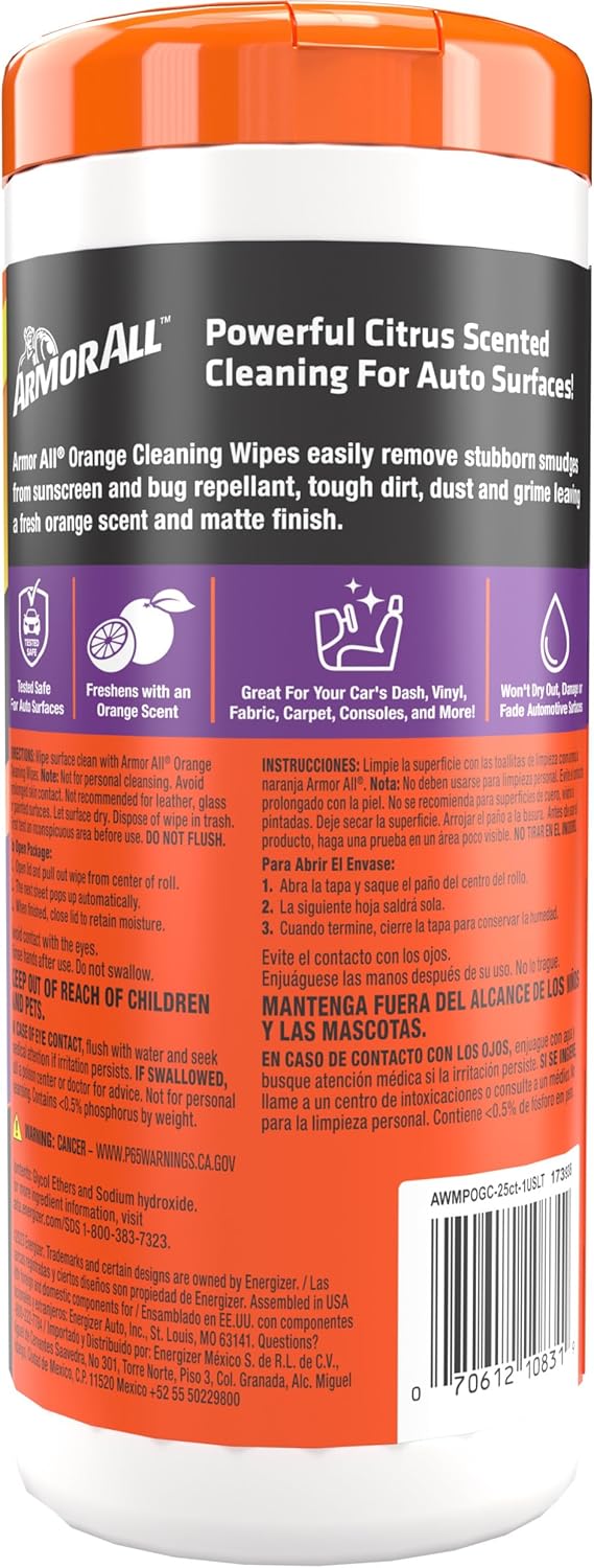Highlights multiple benefits of the cleaning wipes including their citrus scent, ability to clean various auto surfaces, and effectiveness in removing tough stains.