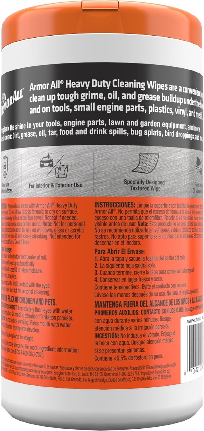 Provides clear instructions on how to use the Armor All Heavy Duty Cleaning Wipes, including application areas and safety precautions.