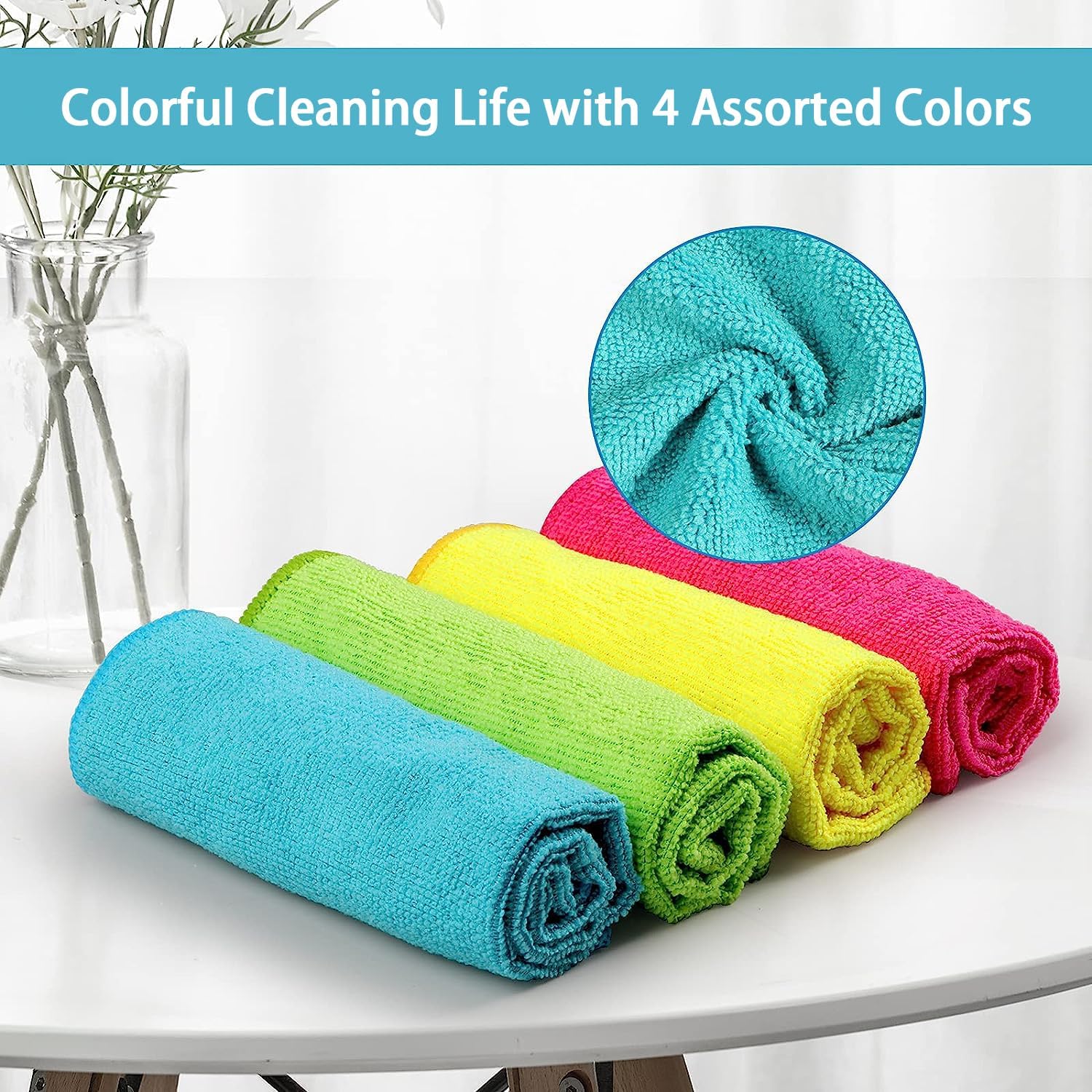 Showcases the product's range of bright colors and highlights the microfiber material quality to appeal to customers looking for versatile and effective cleaning cloths.