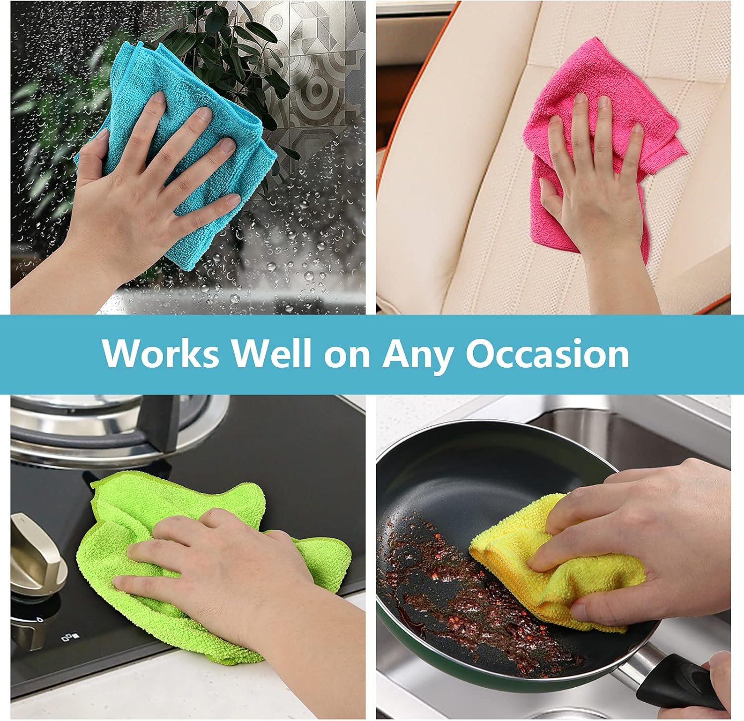 Demonstrates the versatility of the cleaning cloths for various surfaces and tasks in the home.