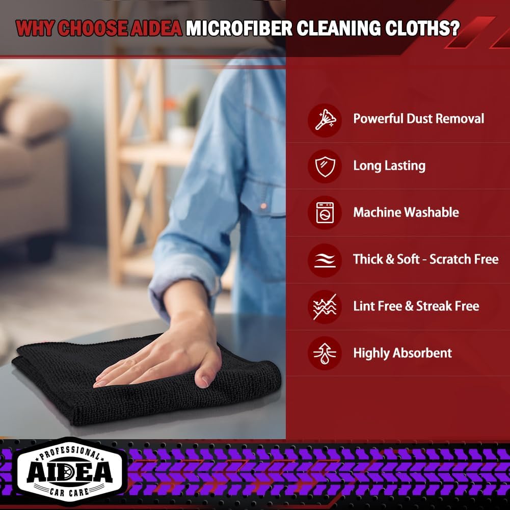 Highlights multiple key features and benefits of the Aidea microfiber cleaning cloths to demonstrate their superiority and versatility for cleaning tasks.