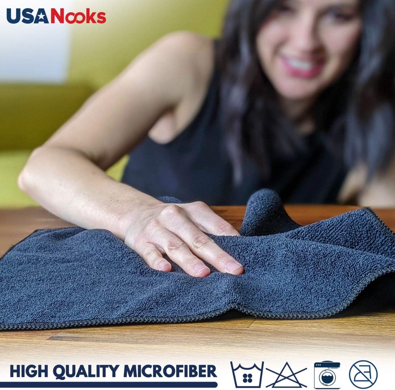 Highlights multiple benefits of the microfiber product, emphasizing its quality and easy care features to appeal to practical shoppers.