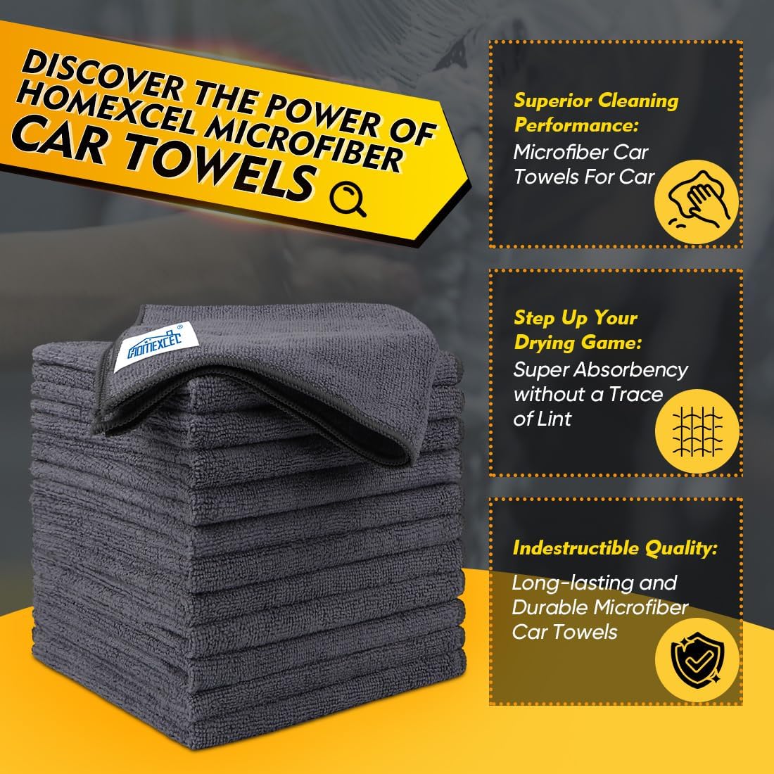 Highlights multiple key benefits of the microfiber car towels to demonstrate their effectiveness and value for car cleaning and maintenance.