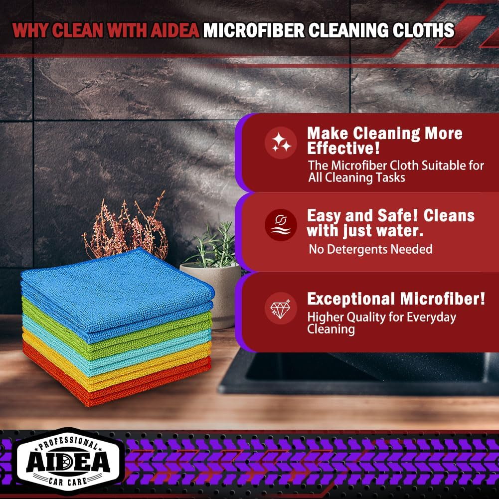 Highlights multiple benefits of the microfiber cleaning cloths to convince shoppers of their superiority for everyday cleaning tasks.