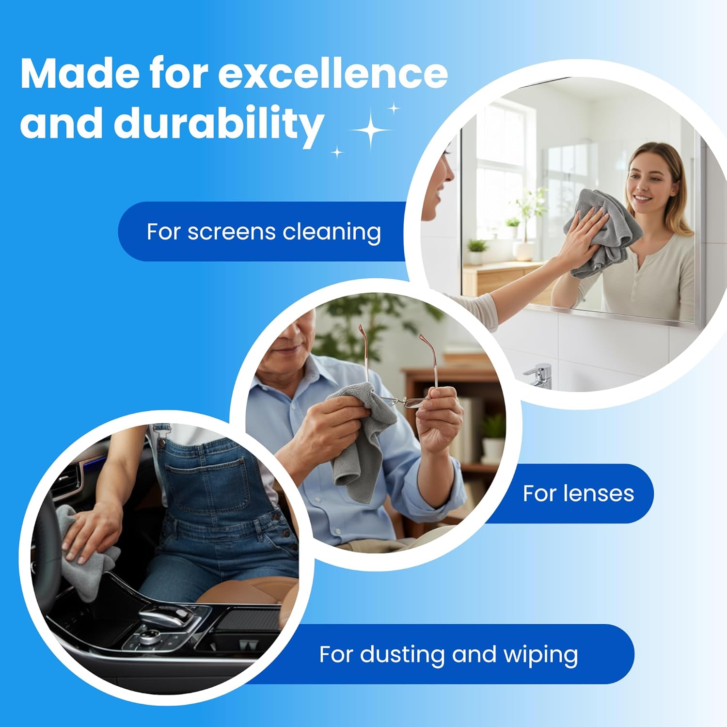 Demonstrates the versatility of the product by showing multiple use cases for cleaning different surfaces and objects.