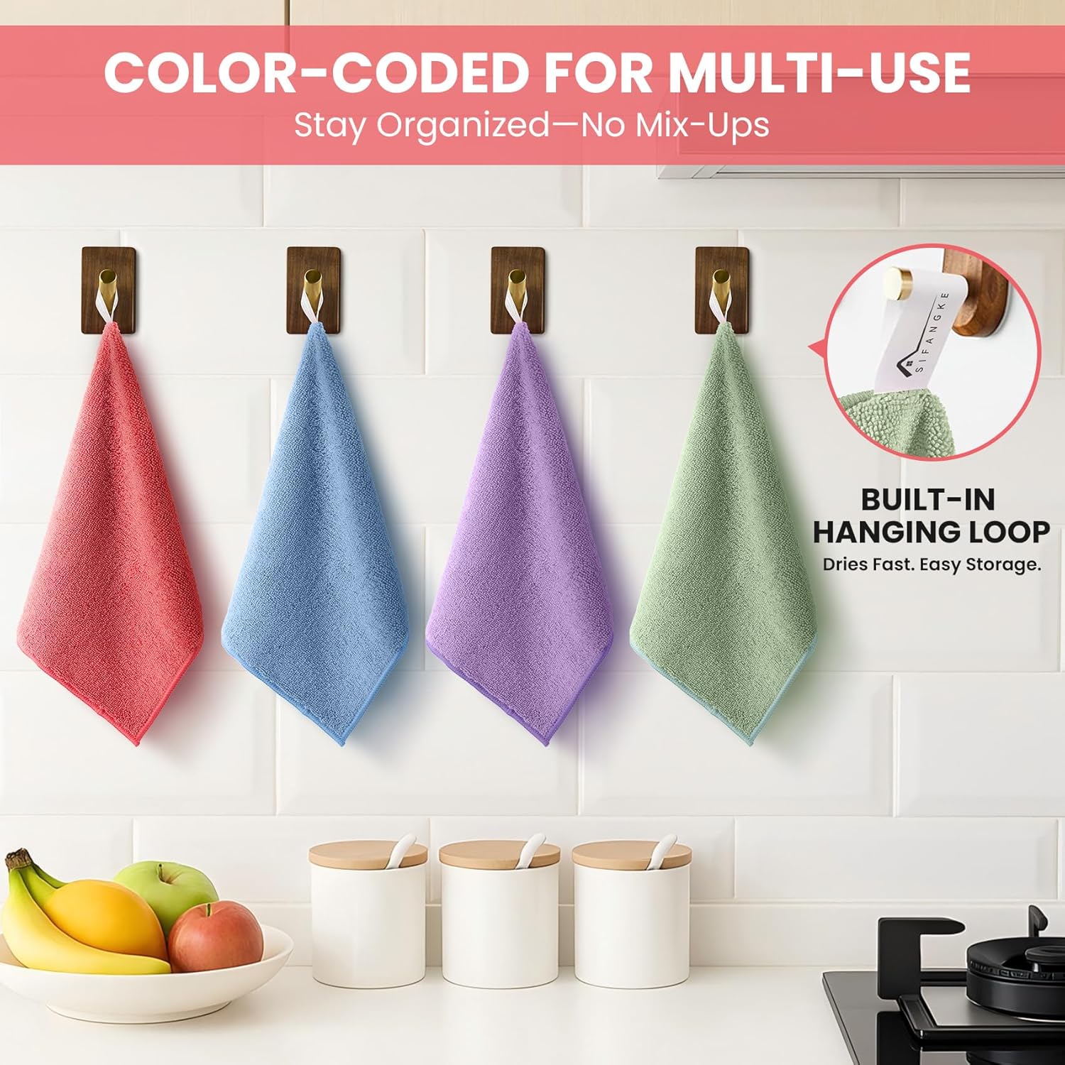 Highlights the product's color-coding system for easy organization and the built-in hanging loop for convenient storage and drying.