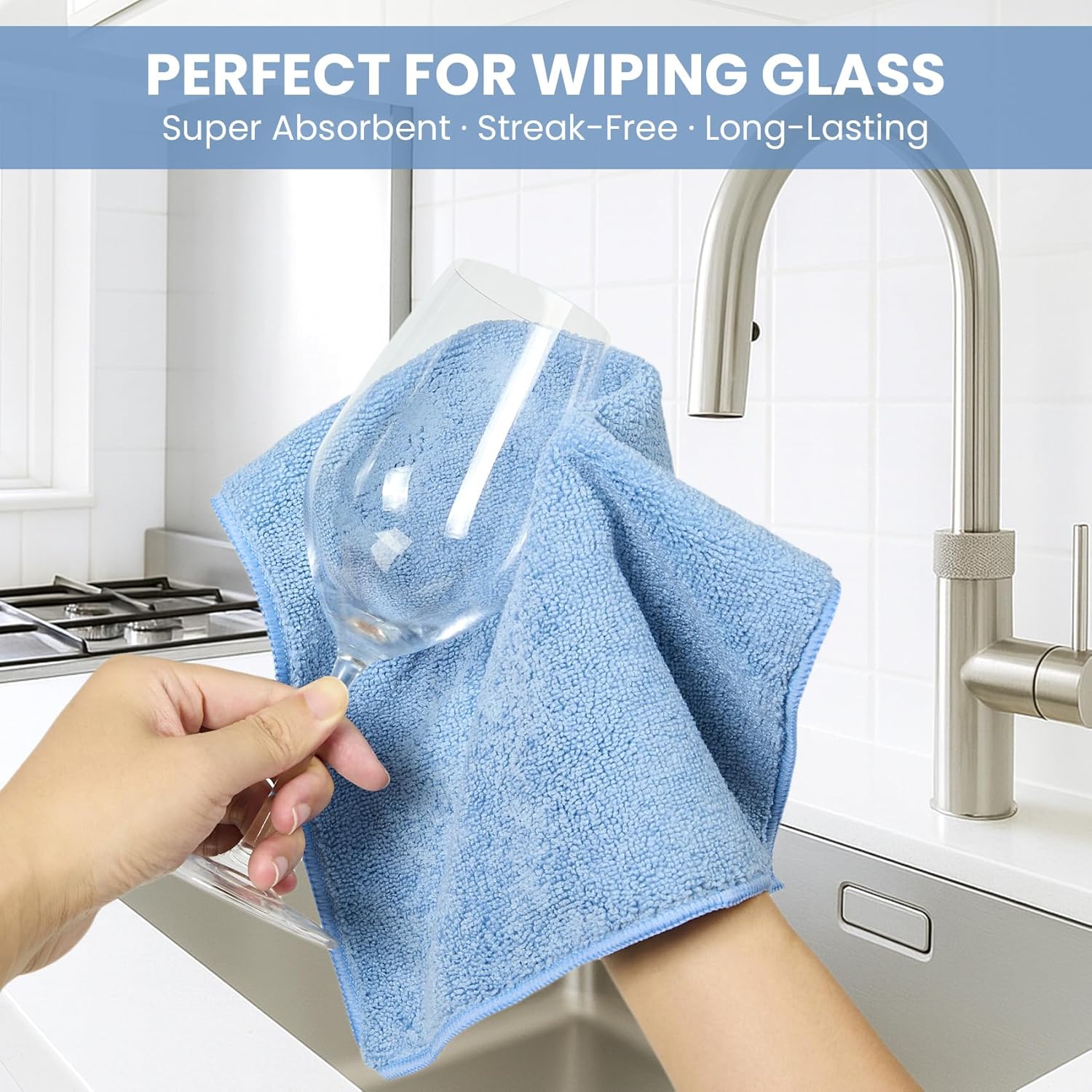 Highlights the product's effectiveness for cleaning glass surfaces, emphasizing its absorbency, streak-free results, and long-lasting performance.
