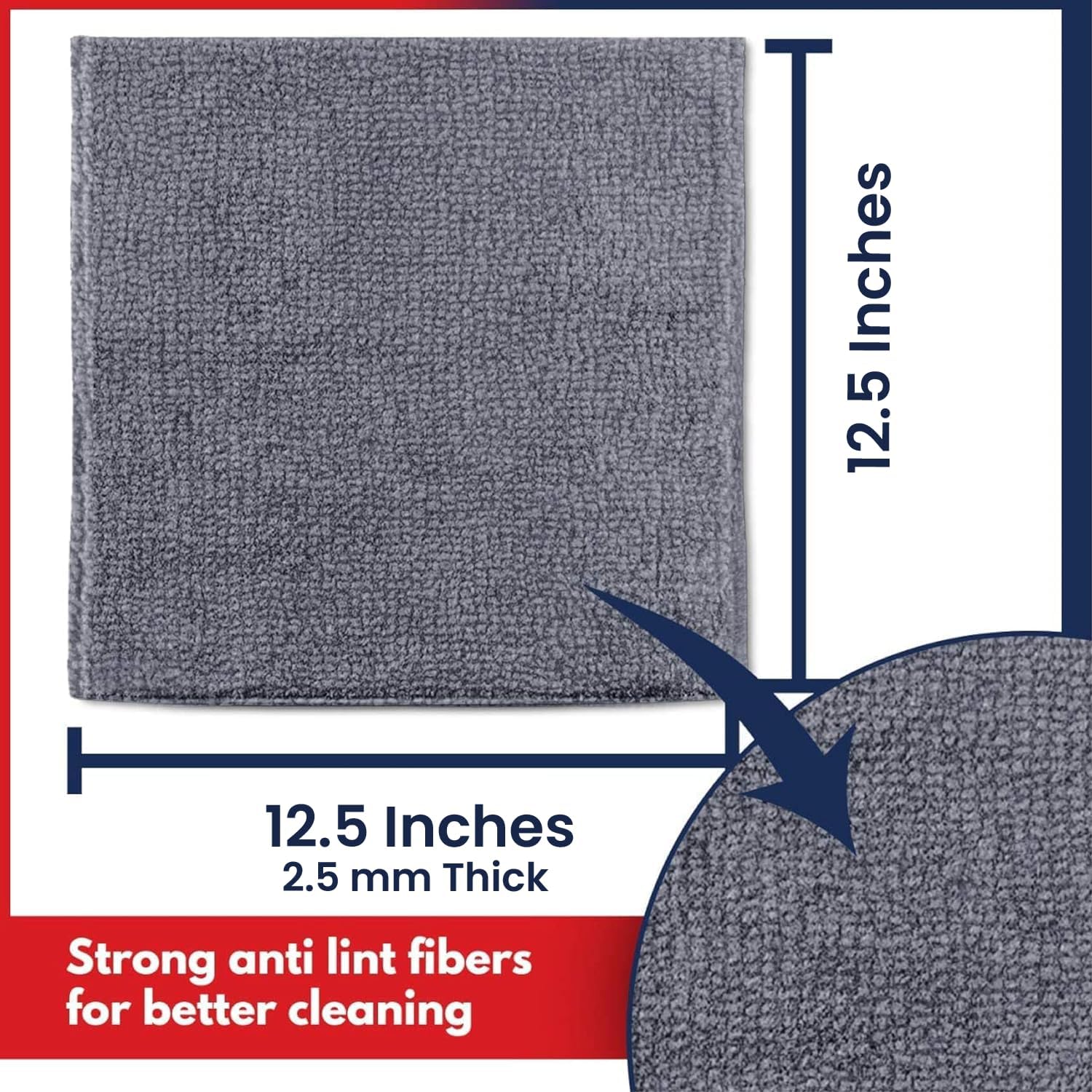 Provides exact measurements of the product to eliminate confusion about its size and thickness. Highlights the product's strong anti-lint fibers to emphasize its superior cleaning capability.