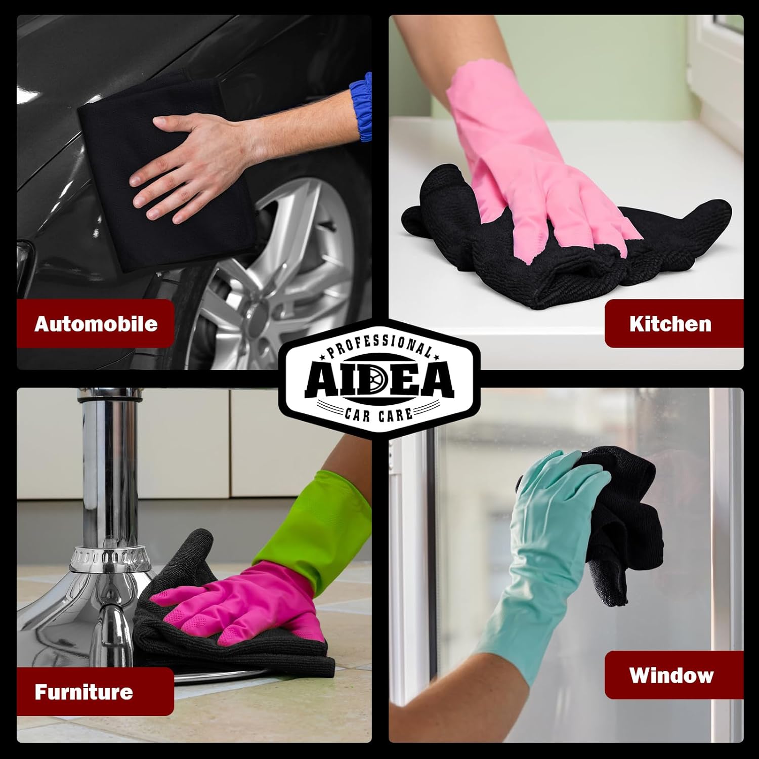 Demonstrates the versatility of the product for cleaning various surfaces including automobiles, kitchens, furniture, and windows.