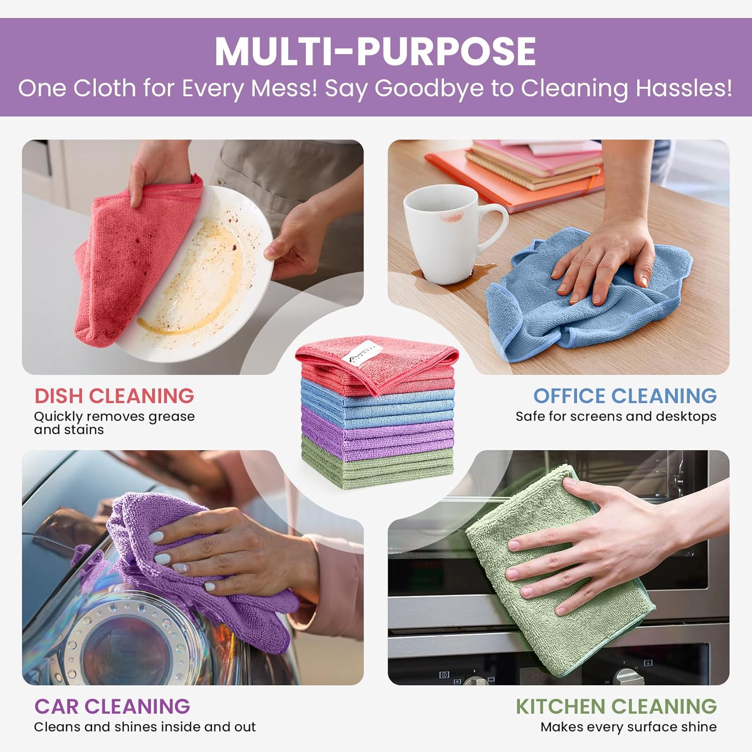Applications graphic highlighting the different ways this can be used. Kitchen cleaning, car cleaning, dish cleaning etc. 