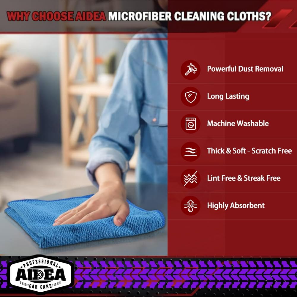 Highlights multiple key features and benefits of the Aidea microfiber cleaning cloths to demonstrate their superiority and versatility for cleaning tasks.