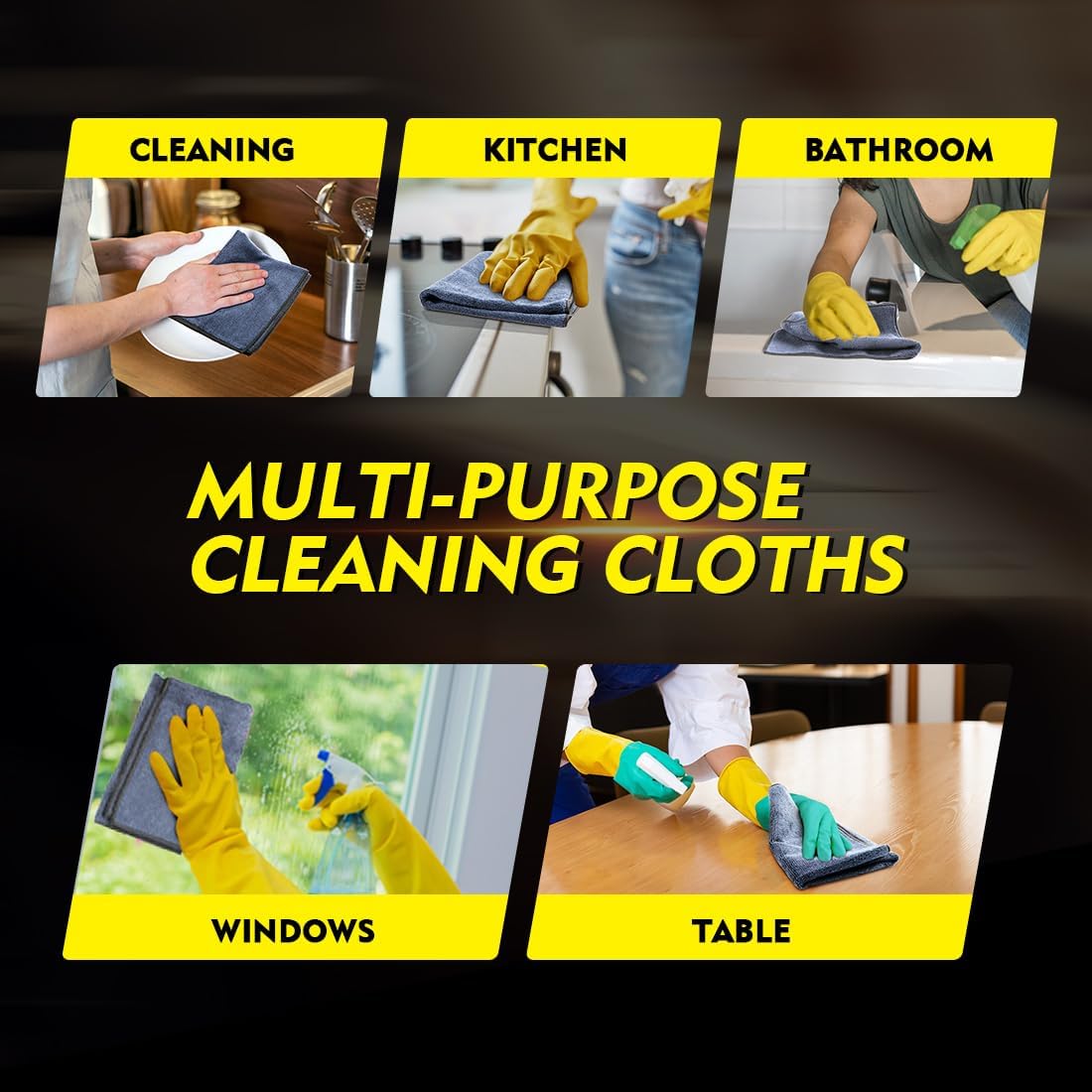 Demonstrates the versatility of the cleaning cloths by showing their use in various areas of the home.