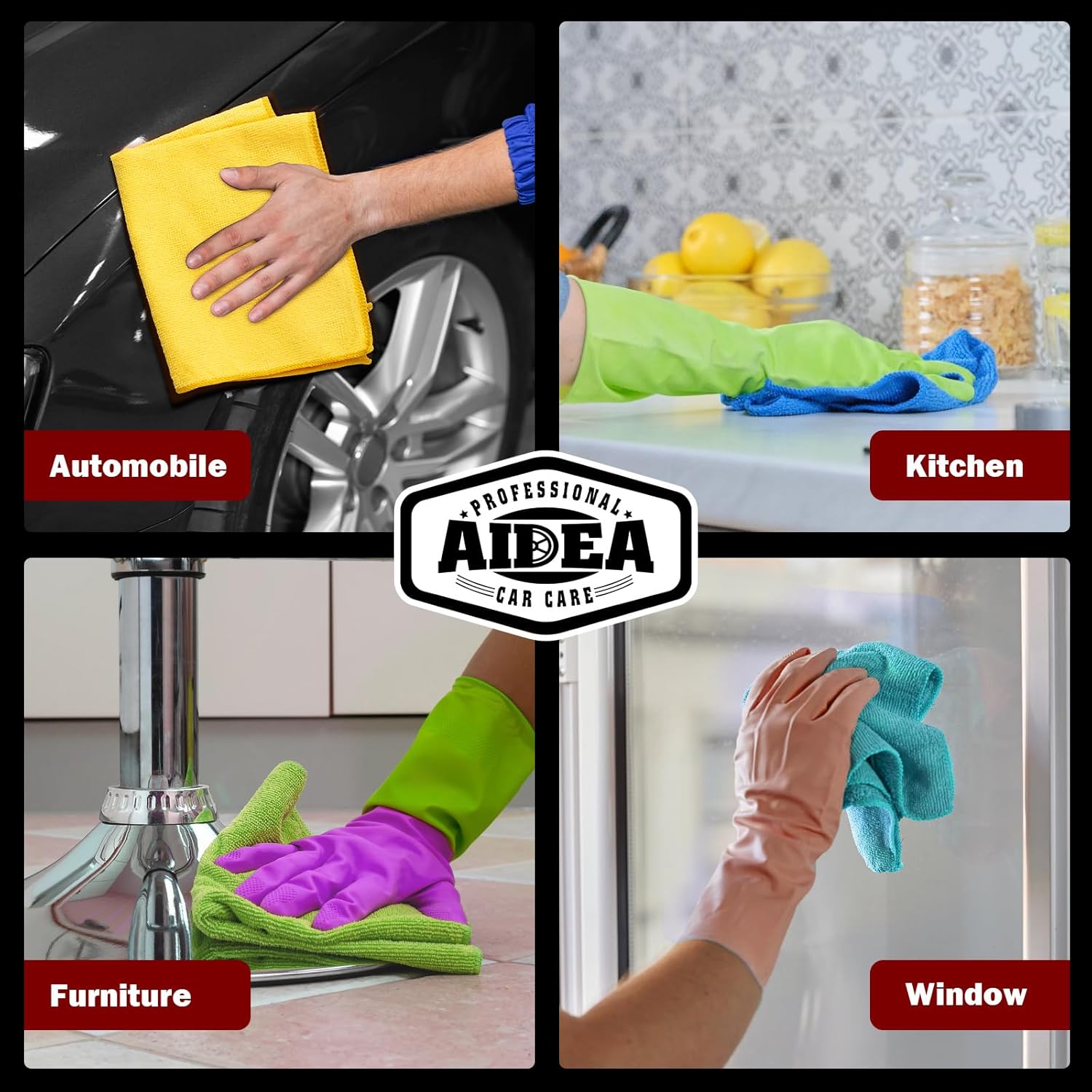 Demonstrates the versatility of the product by showing its use on various surfaces including automobiles, kitchens, furniture, and windows.