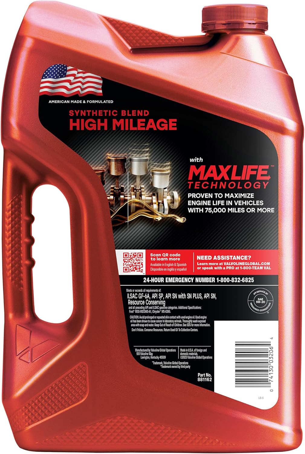 Highlights the product's ability to maximize engine life in high-mileage vehicles and its synthetic blend formulation for improved performance.