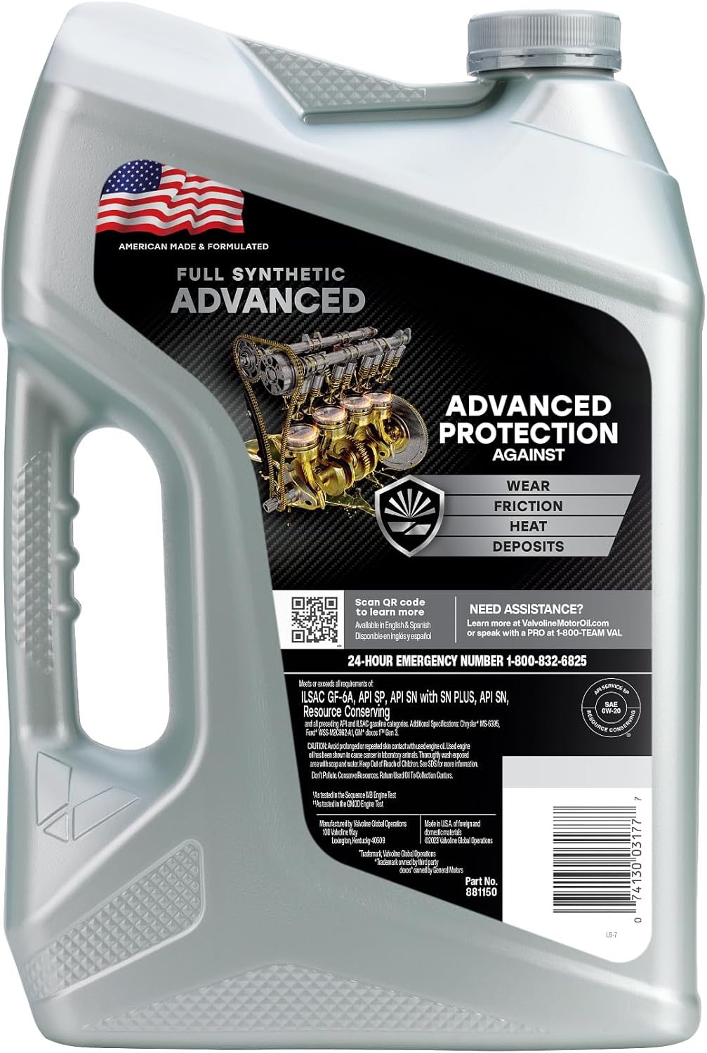Highlights multiple benefits of the motor oil, including protection against wear, friction, heat, and deposits.