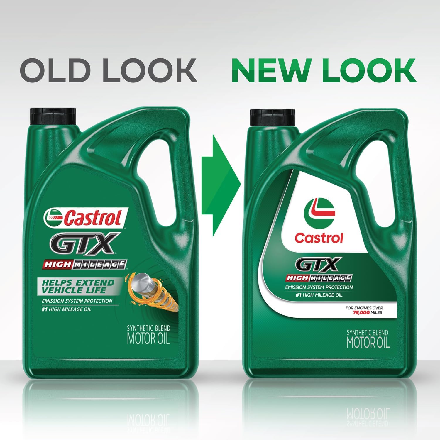 Showcases the updated packaging design of Castrol GTX motor oil, highlighting the brand's evolution and modernization.