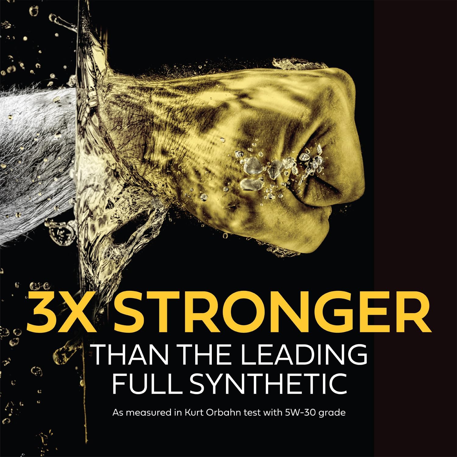 Metric graphic highlighting that this motor oil is 3X stronger than other brands. Other brands are not specified. 