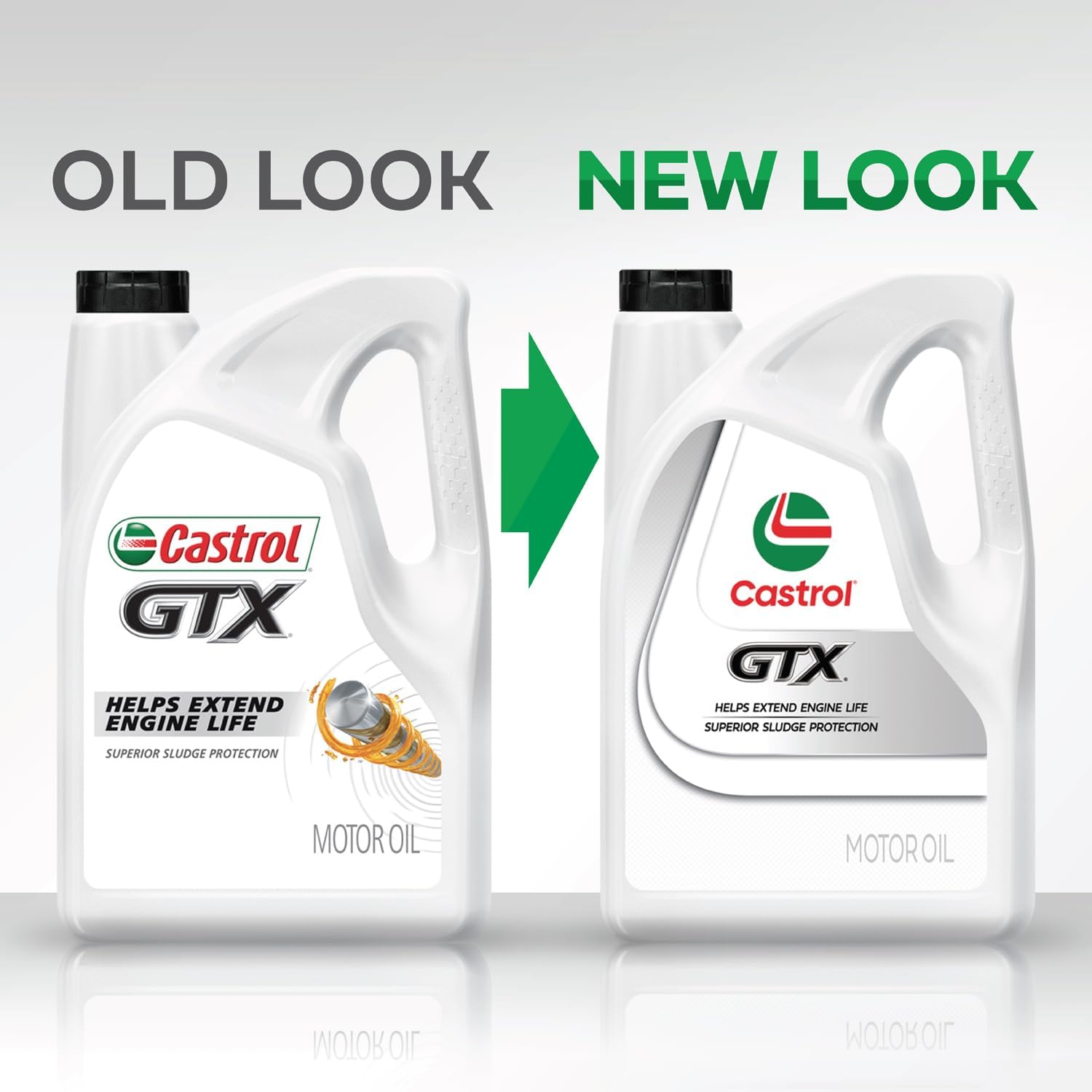 Showcases the updated packaging design of Castrol GTX motor oil, highlighting the transition from the old look to the new look.