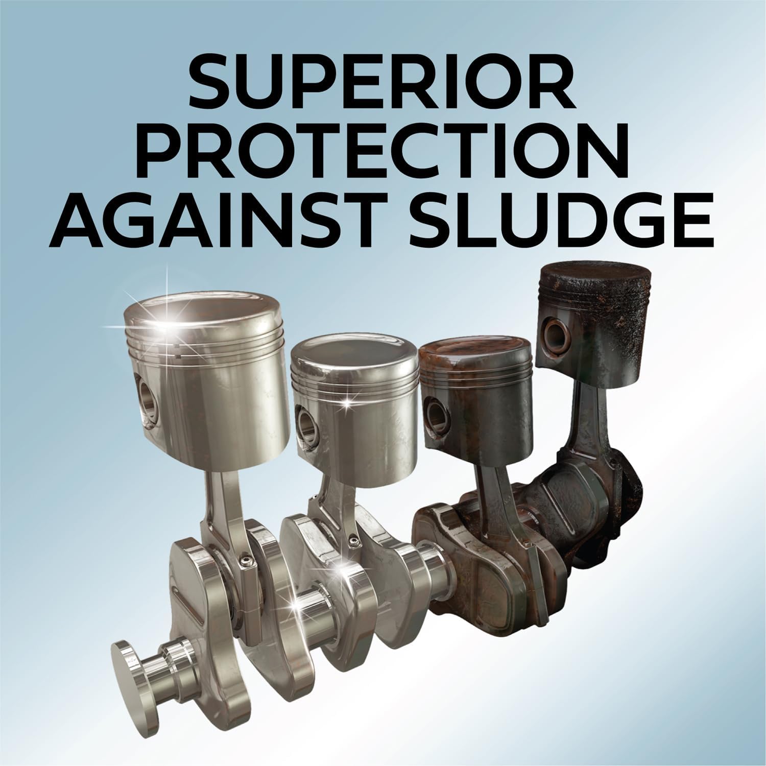 Demonstrates the product's ability to protect engine parts from sludge buildup, highlighting its superior performance compared to alternatives.