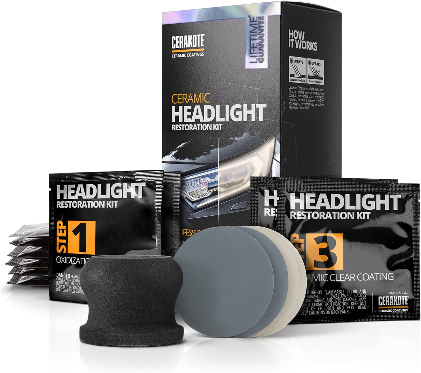 Shows all the items included in the headlight restoration kit, helping customers understand what they'll receive and the completeness of the product.