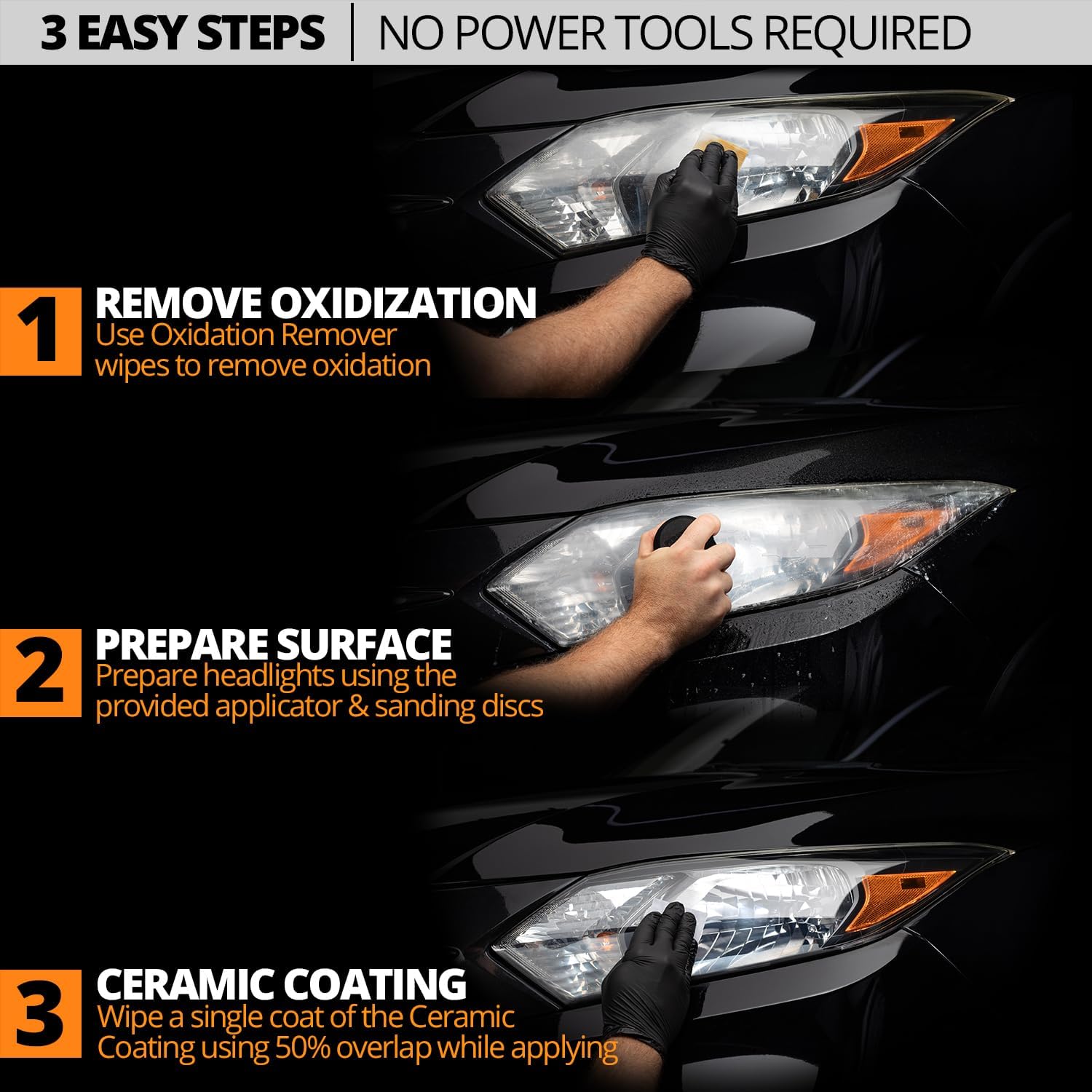 Demonstrates the simple 3-step process for restoring car headlights without power tools, making it easy for customers to understand and follow.