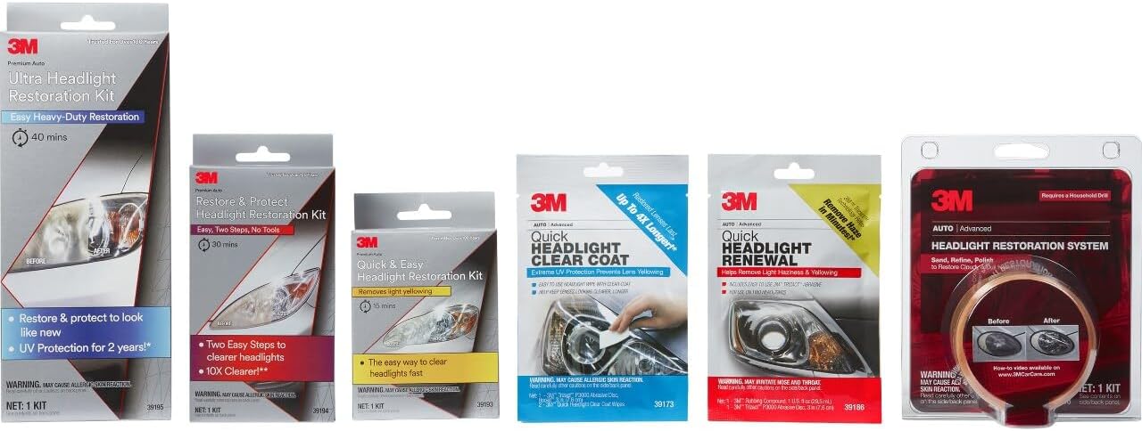 Shows the range of 3M headlight restoration products available, helping customers choose the right kit for their needs. Guides customers in selecting the appropriate headlight restoration kit by…