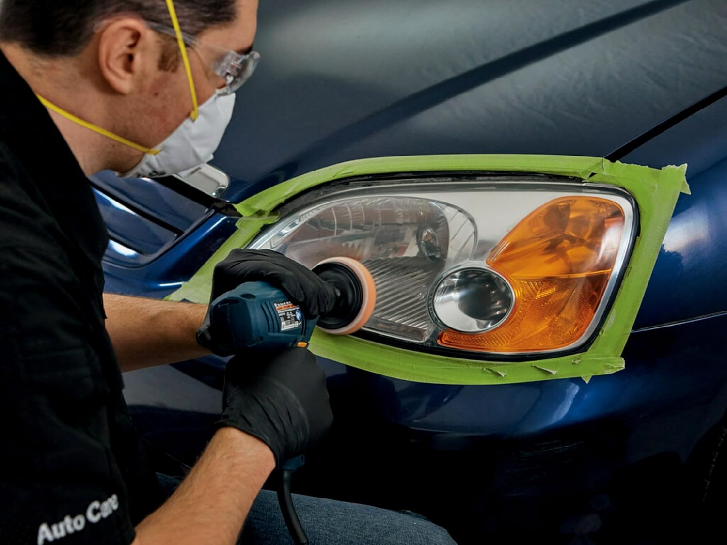 Demonstrates the process of restoring car headlights, showing a professional at work to build confidence in the product's effectiveness.