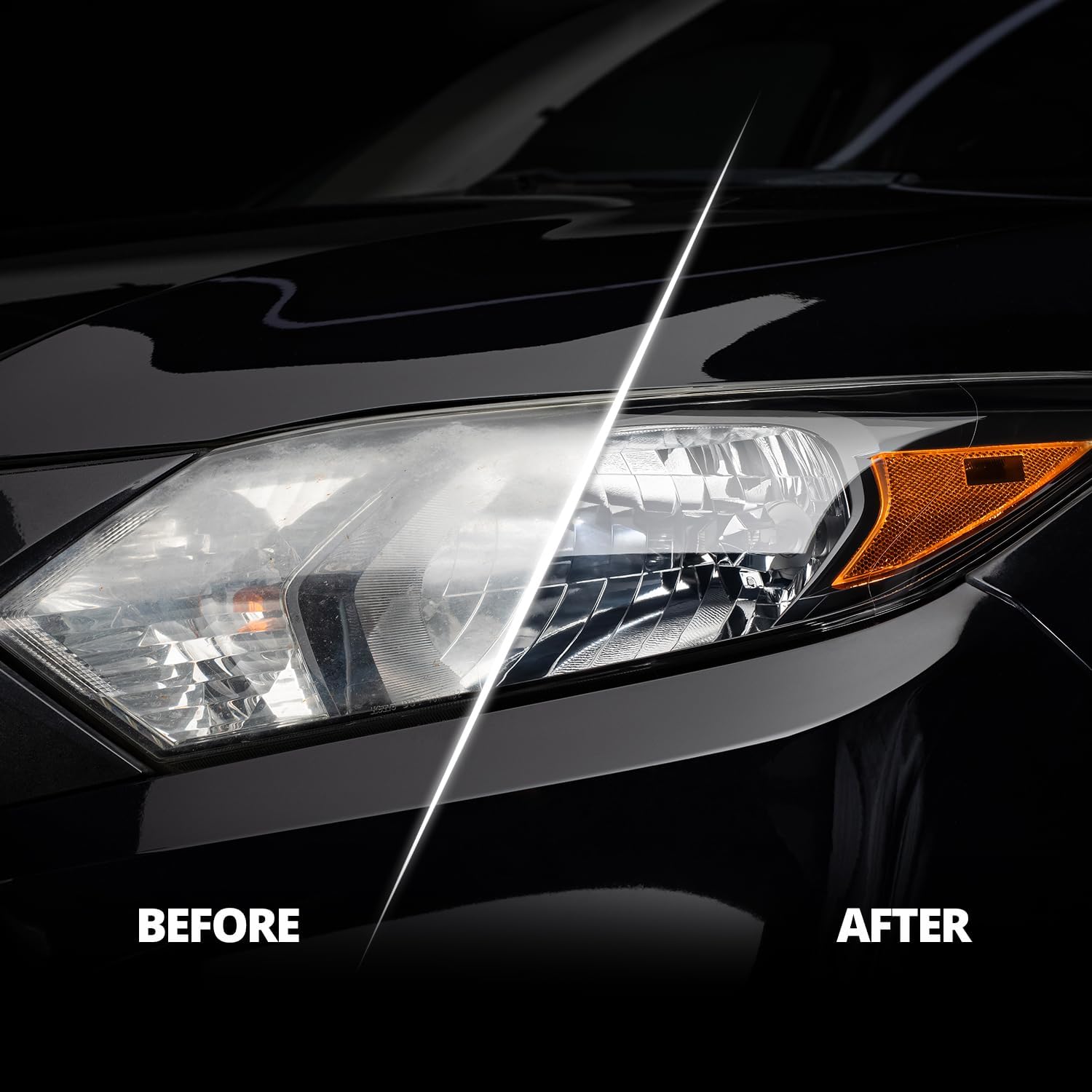 Demonstrates the effectiveness of the product in restoring clarity to foggy or yellowed headlights.