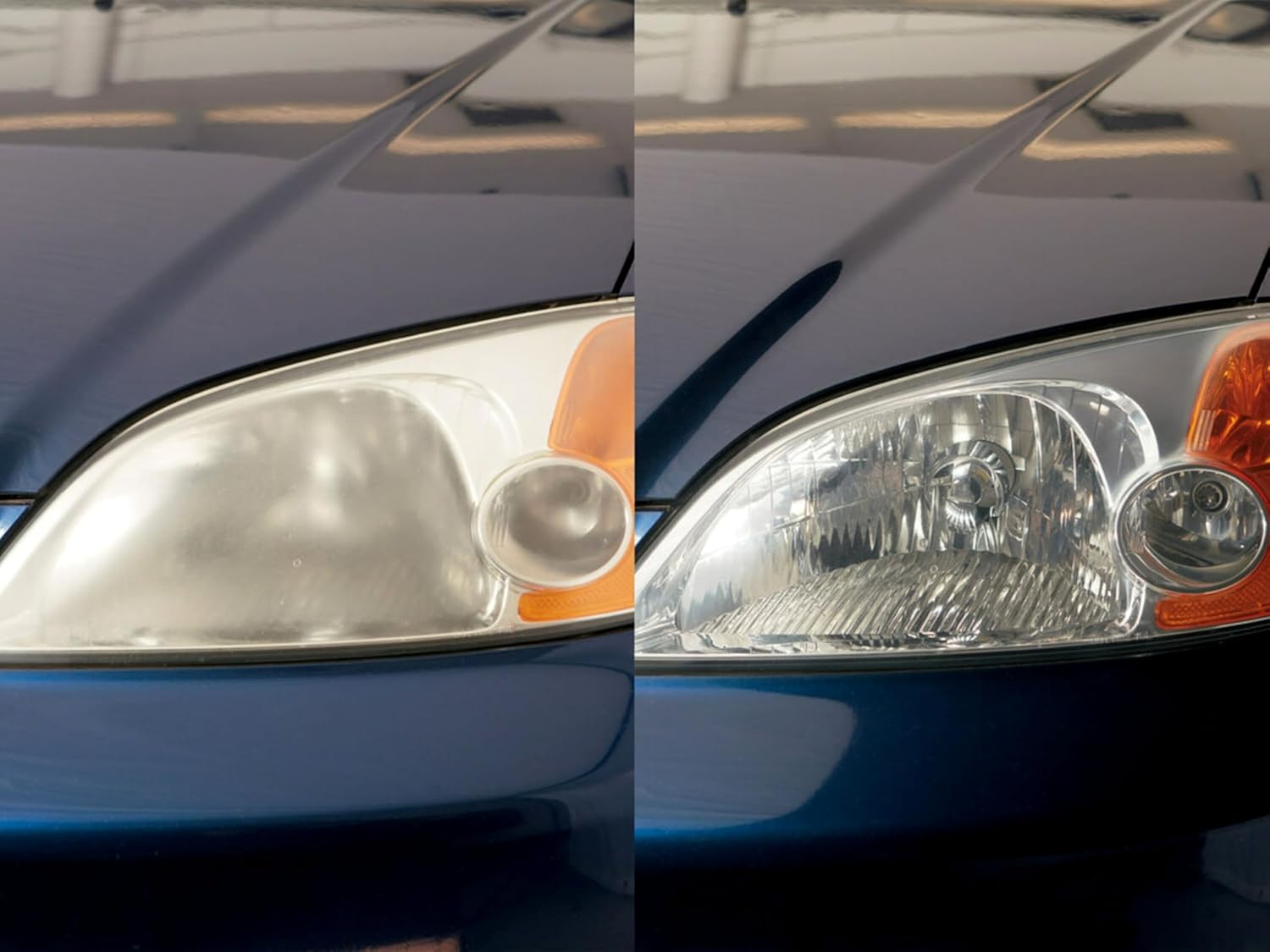 Demonstrates the effectiveness of a headlight restoration product by showing the dramatic improvement in clarity and brightness of a car headlight.