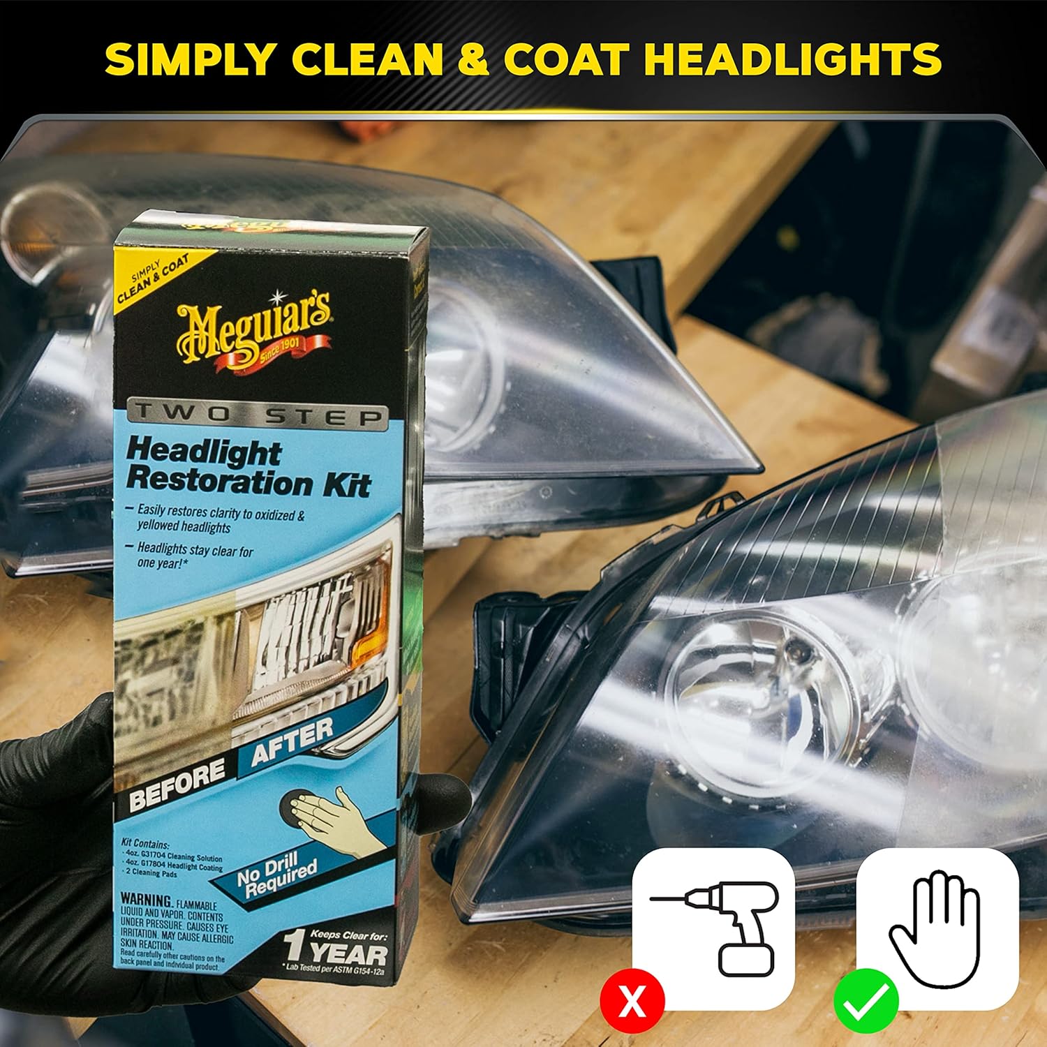 Demonstrates the effectiveness of the headlight restoration kit by showing the difference between oxidized and restored headlights. Illustrates the simplicity of using the product with icons showing…