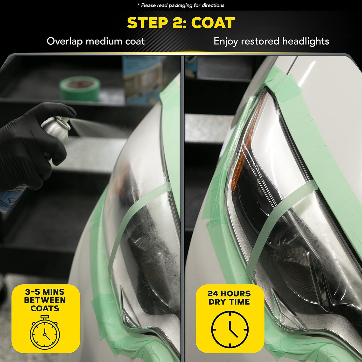 Demonstrates the process of applying a coating to restore headlights, showing the before and after results.