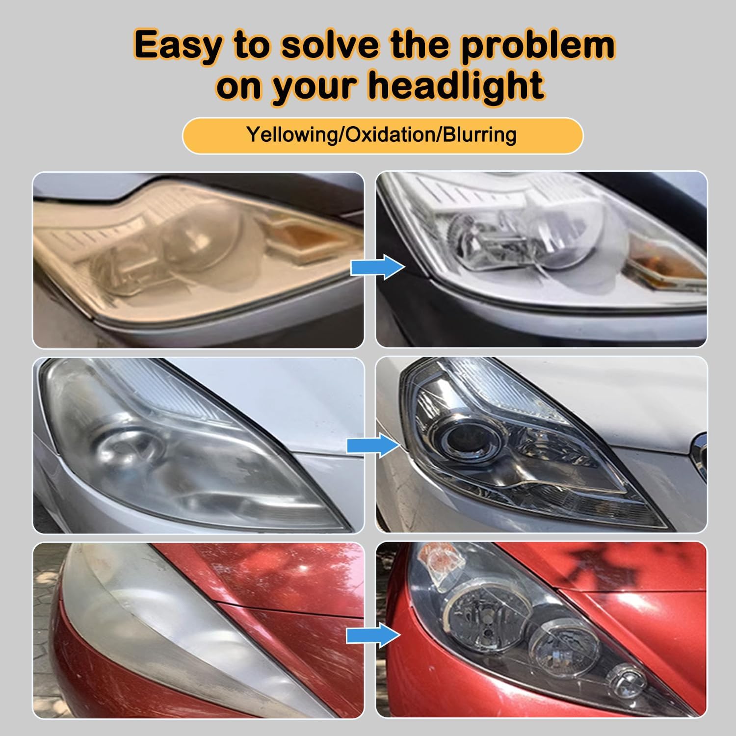 Demonstrates the effectiveness of a headlight restoration product by showing clear before and after comparisons of yellowed, oxidized headlights becoming clear and bright.