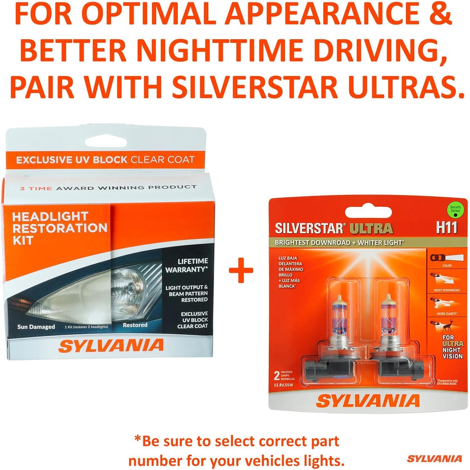 Showcases the combined benefits of using the headlight restoration kit with Silverstar Ultra bulbs for optimal appearance and better nighttime driving.