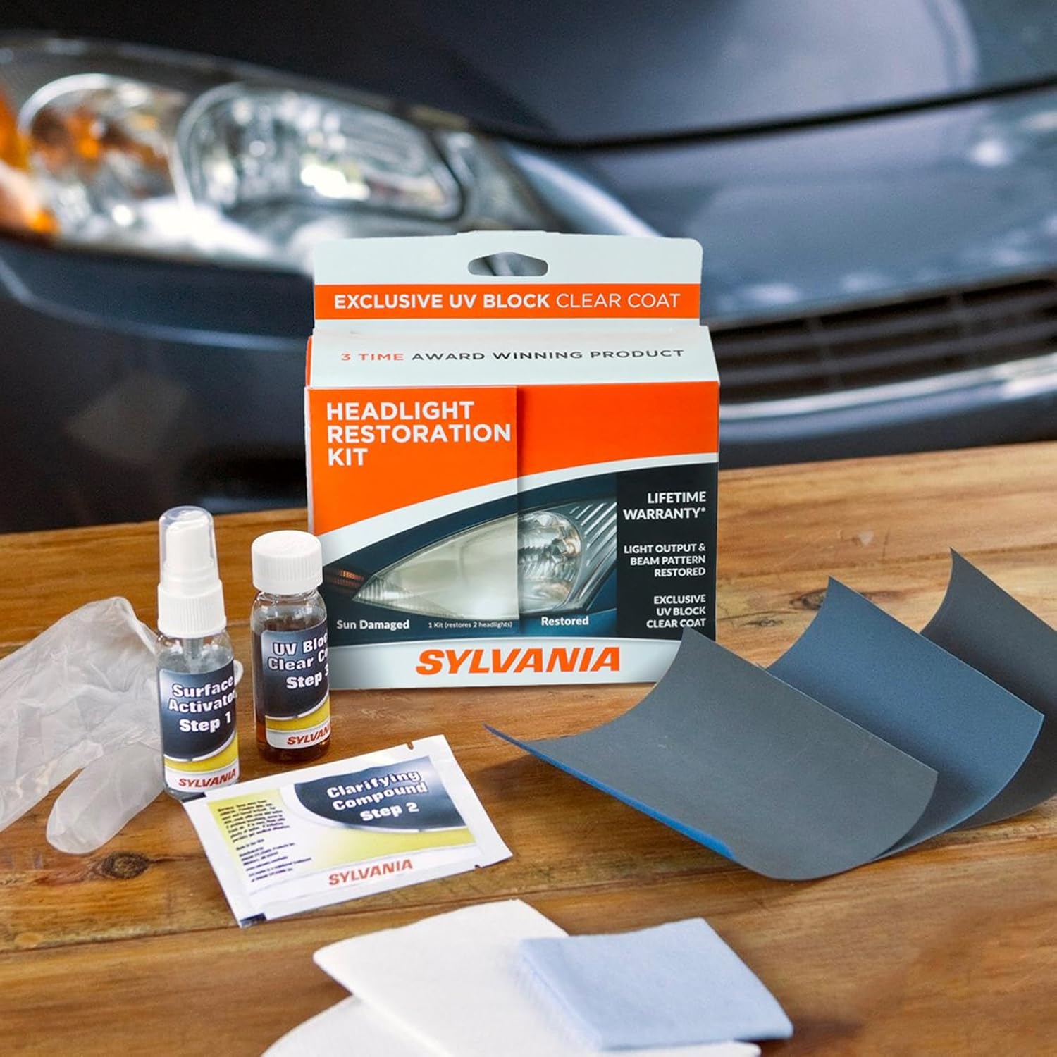 Shows all the items included in the headlight restoration kit, helping customers understand what they'll receive and how to use the product.