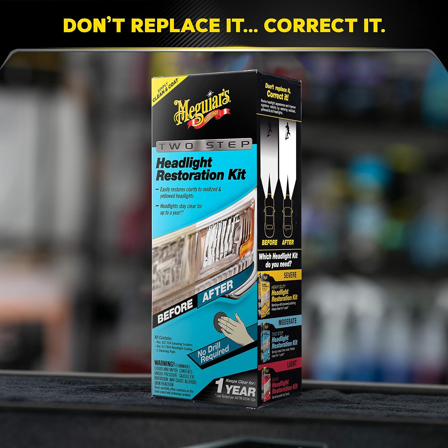 Demonstrates the effectiveness of the headlight restoration kit by showing the dramatic improvement in headlight clarity before and after use. Highlights the ease of use by emphasizing that no…