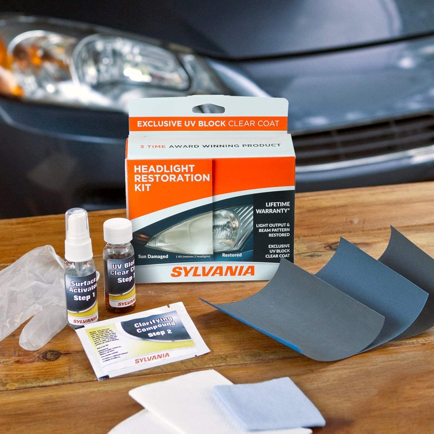 Shows all the items included in the headlight restoration kit, helping customers understand what they'll receive and how to use the product.
